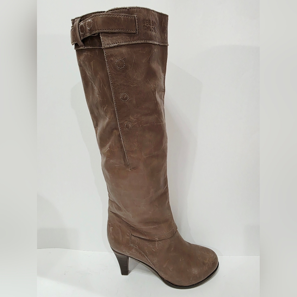 See by Chloe LIGHT BROWN LEATHER Heel Boot Knee High Button Soft 37.5 US 7.5 New